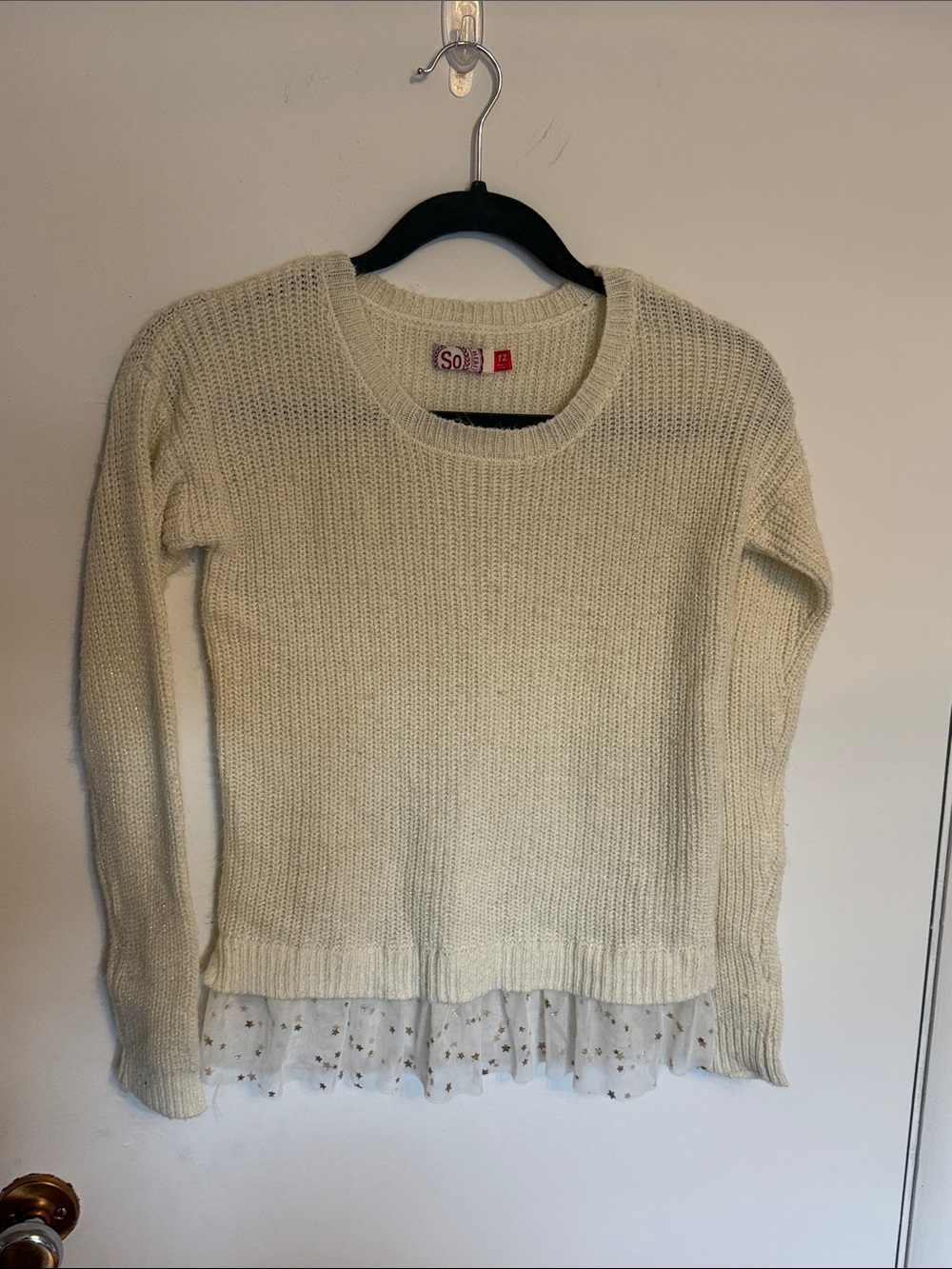 SO Ivory Crewneck Sweater with Star-Trim Sheer Hem